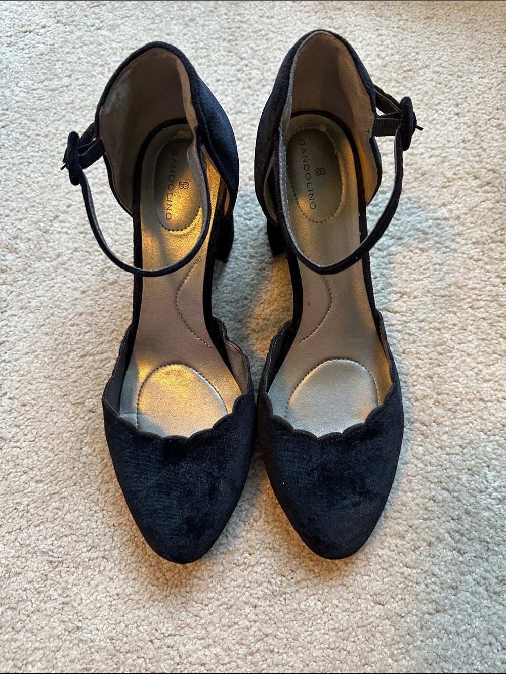 Bandolino Black Velvet Scalloped Ankle-Strap Heels, size 9